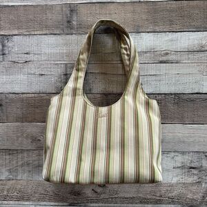 Fossil Y2K Striped Canvas Shoulder Bag Tote Green Brown Boho Casual Everyday